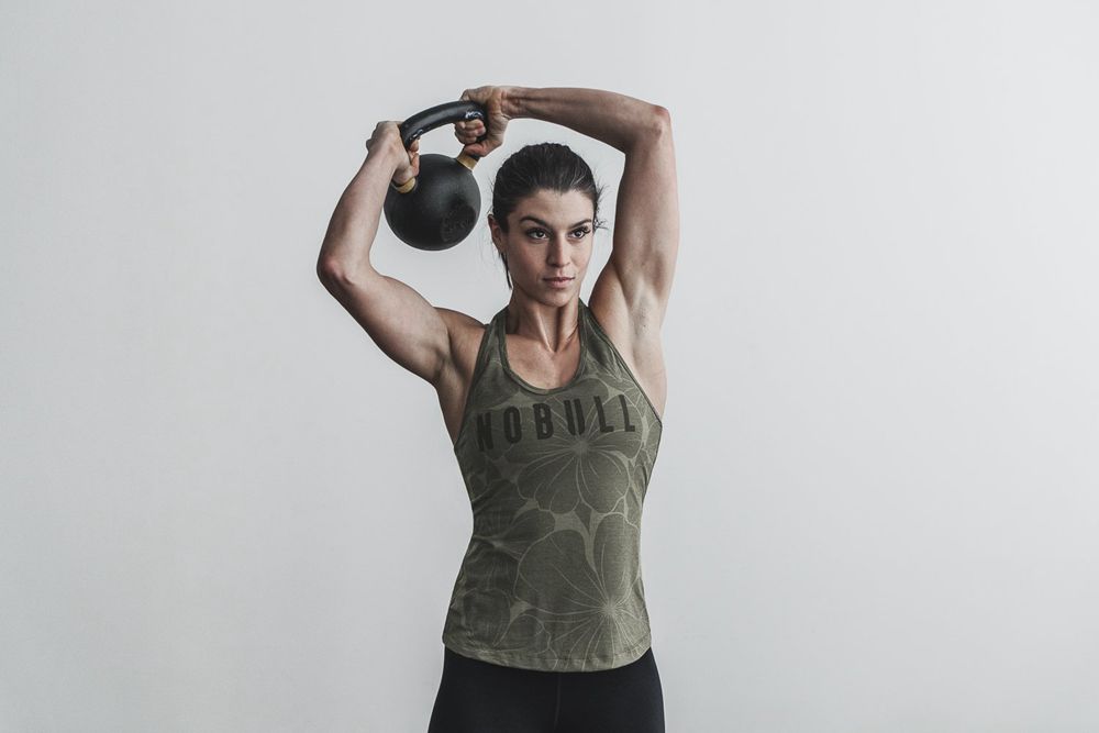 NOBULL Women's Racerback Tank Tops - Army Green Hibiscus - Ireland (0324KNALS)